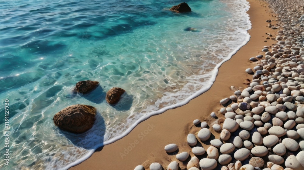 Obraz premium Tranquil Seascape: Crystal Clear Waters Lapping Against Timeworn Stones Underneath the Tropical Sun
