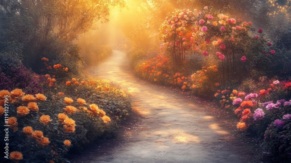Serene Pathway Through Blooming Flowers in Warm Golden Light Serene Pathway Through Blooming Flowers in Warm Golden Light