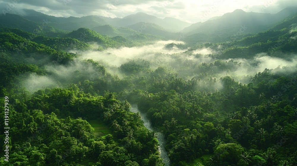 Obraz premium Misty mountain valley with lush green forest and river.