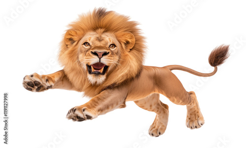 Majestic Lion in Dynamic Leap isolated on white or transparent background, png clipart, design element