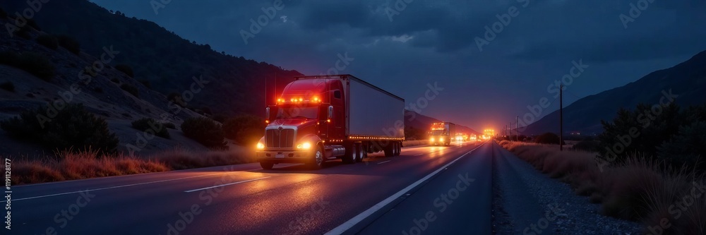 Trucks driving at night along a mountain road with glowing headlights and shadows. Trucks driving at night along a mountain road with glowing headlights and shadows.