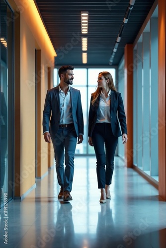 Two professionals walking together in a modern office corridor.