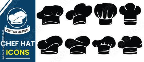 Chef hat vector, icon set. Chef hat silhouette design. Cooking hat silhouette, vector set. Kitchen, Restaurant, Bakery hat vector, silhouette. Vector illustration.