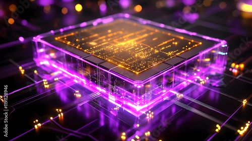 A luminous 3D AI chip with vibrant purple lights and golden holographic data projections, clear and detailed
