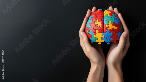 Female cupped hands holding a multi colored human brain made of jigsaw puzzle isolated on black background with copy space. Blank wide banner for mental health and creative ideas. photo