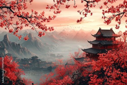 Serene Landscape of Cherry Blossoms Surrounding an Elegant Pagoda Amidst Majestic Mountains and Tranquil Waters at Sunset in Vibrant Red Hues