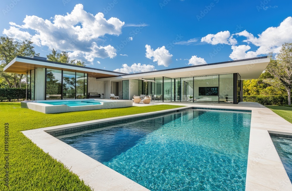 Fototapeta premium artificial grass in the front yard, with a pool and outdoor furniture