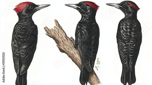 discover the fascinating world of black woodpeckers through unique ornithological illustrations of three black woodpeckers, including both male and female representations