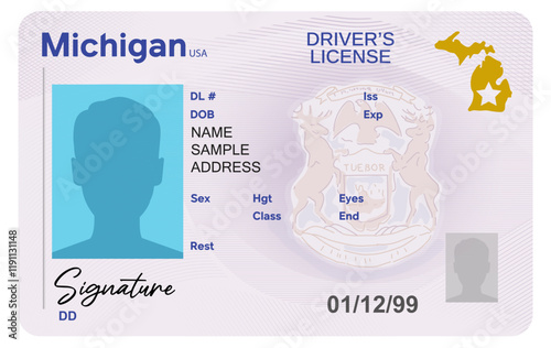 Michigan driver's license isolated on white background. Person driver license.