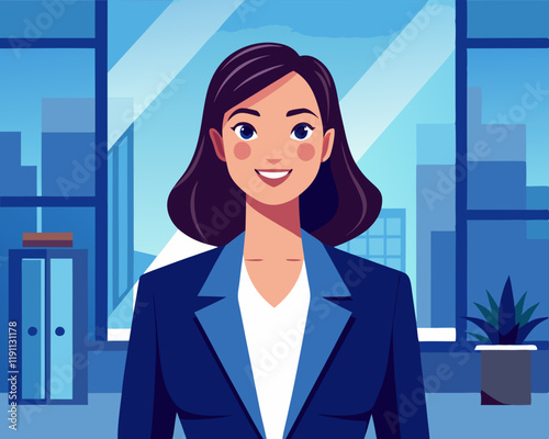 Professional Woman in Business Suit – Confident Corporate Portrait with City View and Warm Lighting