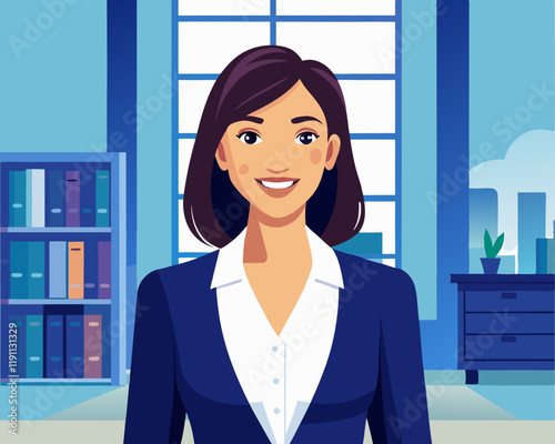 Professional Woman in Business Suit – Confident Corporate Portrait with City View and Warm Lighting