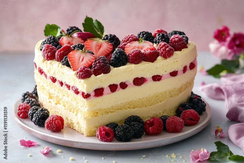 Heart-Shaped Vibrant Cake with Fresh Berries Heart-Shaped Vibrant Cake with Fresh Berries