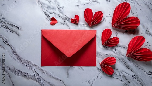 Generated image Red envelope and origami hearts on marble surface