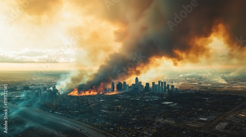 Aerial View of Wildfire Burning Near Urban Area at Sunset photo