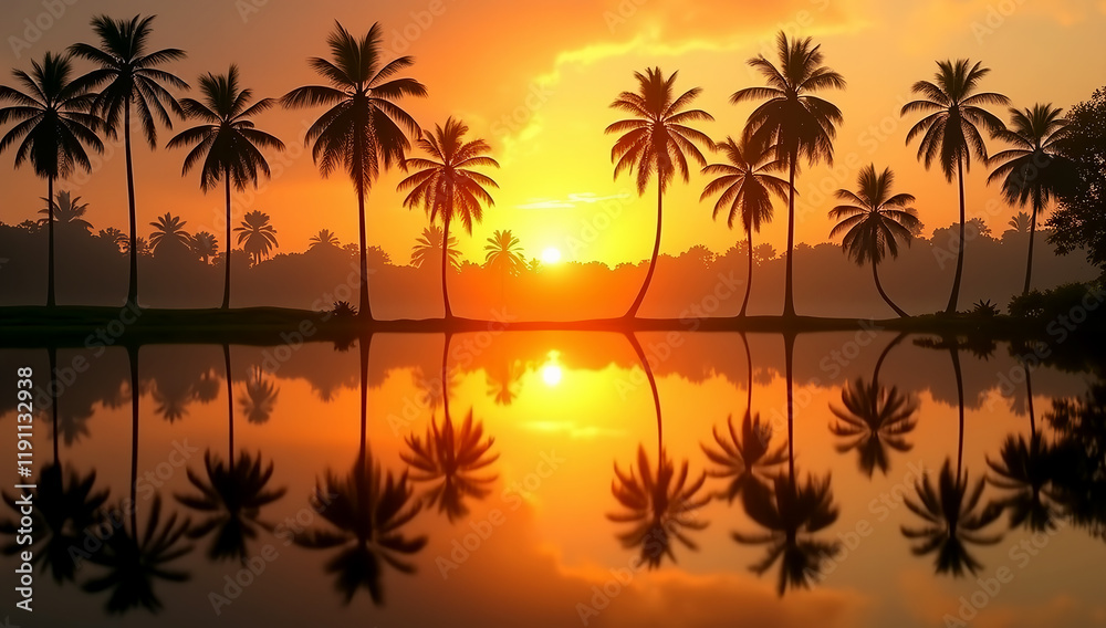 Obraz premium Sunset Harmony: A Peaceful Landscape with Palm Tree Reflections