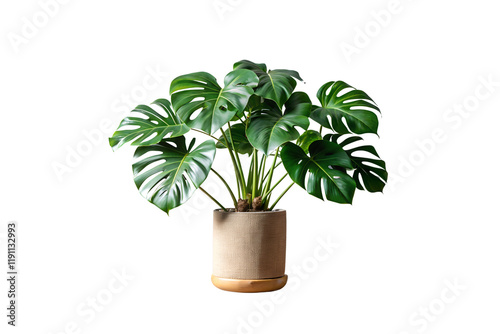 elegant cylindrical pot with vibrant monstera leaves against on white background