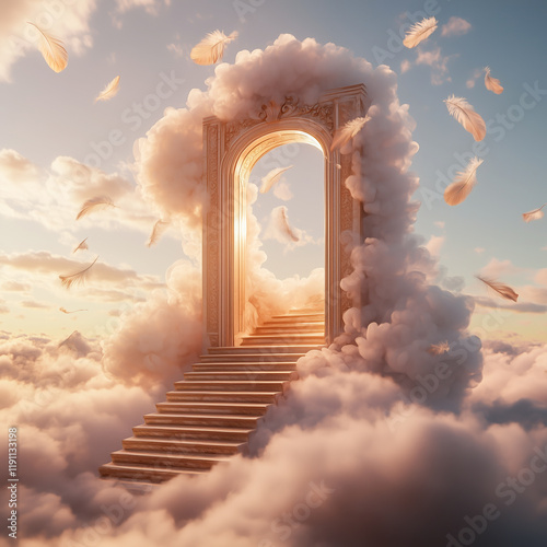 A surreal scene of a glowing portal surrounded by clouds, with a staircase ascending into the sky, evoking divine tranquility.
