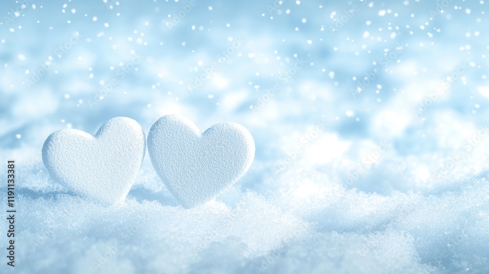 Valentine's day theme background. Two white hearts sit softly on a snowy background, embodying love and tranquility in a serene winter setting. Valentine's day theme background. Two white hearts sit softly on a snowy background, embodying love and tranquility in a serene winter setting.