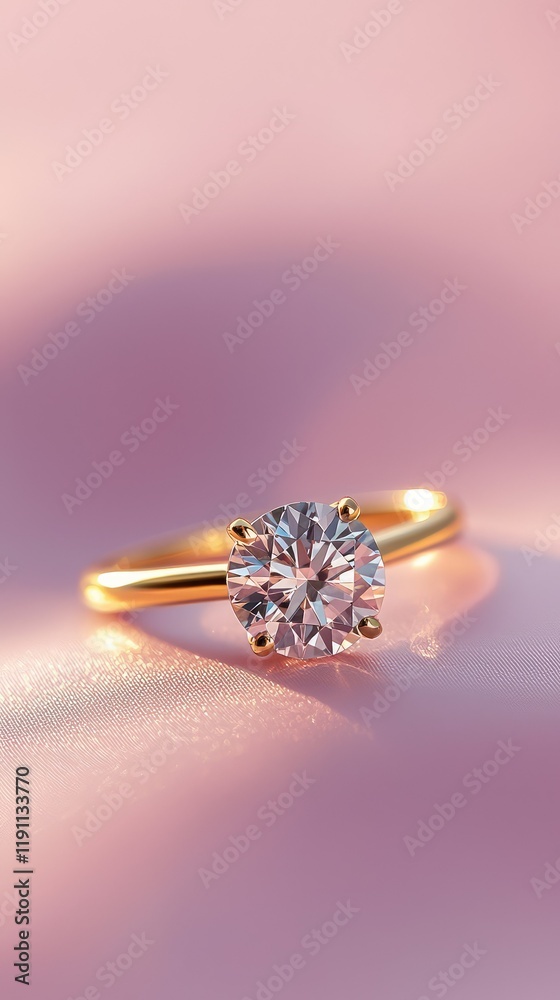 Elegant Gold Ring with Sparkling Diamond on Soft Pink Background Elegant Gold Ring with Sparkling Diamond on Soft Pink Background