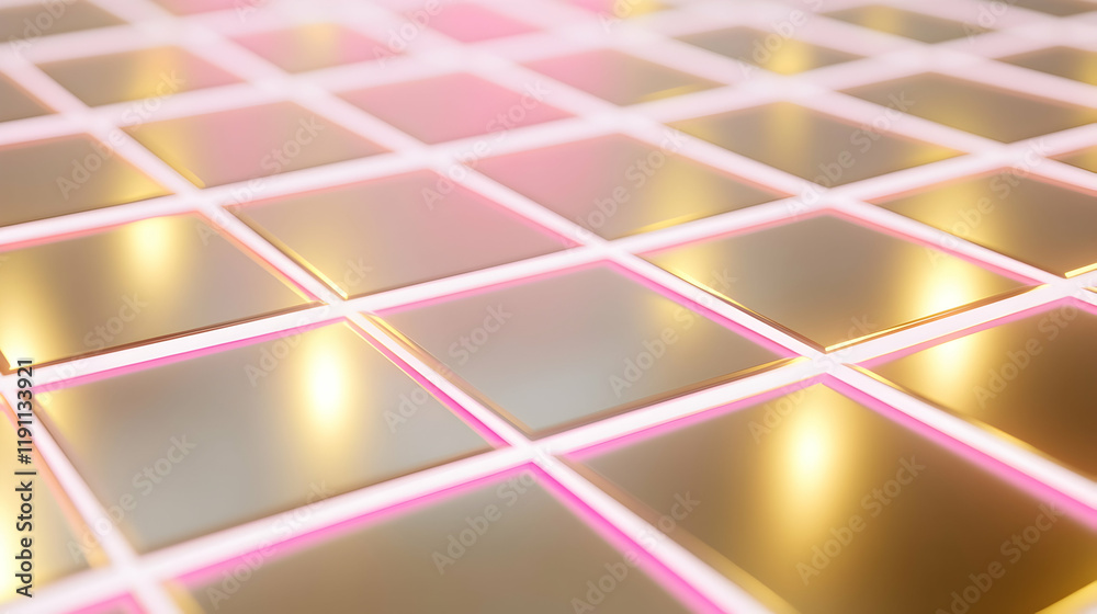 Minimalist grids in white with fluorescent pink highlights against a polished metallic gold surface, sharp and focused