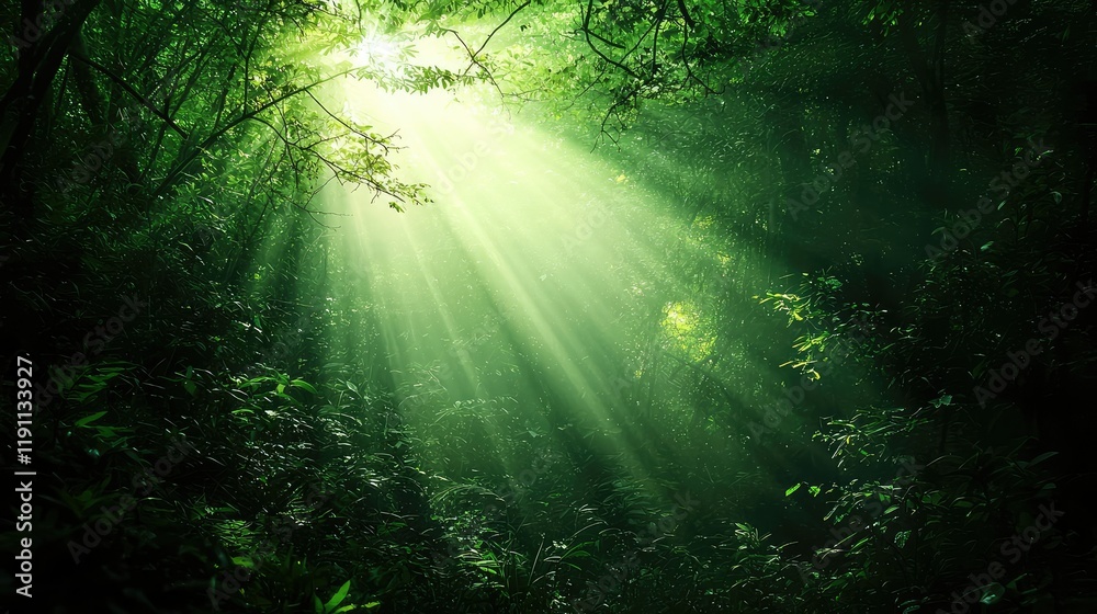 Fototapeta premium Beautiful Sunlight Filtering Through Lush Green Forest Canopy