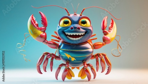 A jubilant, anthropomorphic lobster figure with a bright, toothy smile and large, shimmering eyes, rendered in vibrant 3D graphics with a mix of soft, rounded edges and subtle texture, its shell a dee