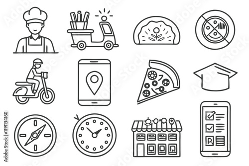 Food delivery icons, line art, monochrome, set of 50, restaurant symbols, mobile app interface, ordering food online, grocery basket, cooking utensils, delivery truck, storefront, map location, fast f