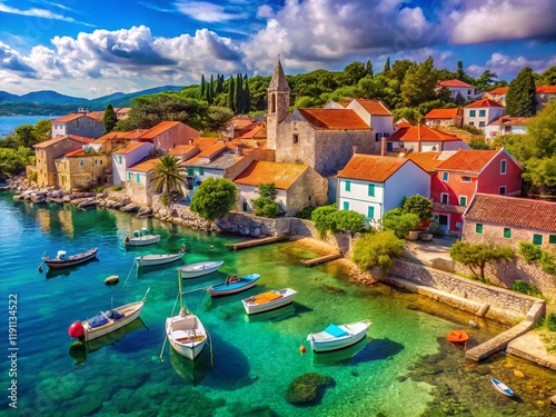 Vibrant Croatian Coastline: Colorful Houses & Boats in Preko, Ugljan Island, Dalmatia