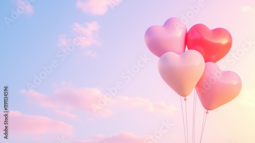 Valentine's day theme background. A dreamy sky with pastel clouds and floating heart-shaped balloons in shades of pink, evoking love and joy. photo