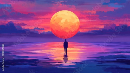 Solitary Figure Gazes at a Giant Orange Moon Setting over a Calm Sea
