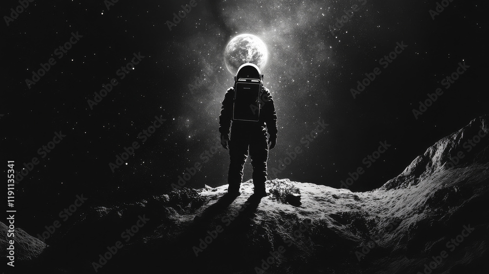 An astronaut standing on a moon-like surface with Earth visible in the distant star-filled sky. An astronaut standing on a moon-like surface with Earth visible in the distant star-filled sky.