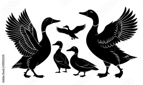 set of flying duck silhouettes vector