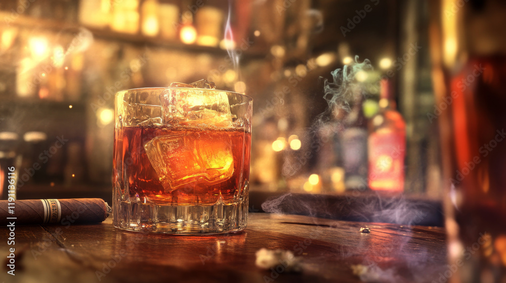 The amber liquid reflects warm light, surrounded by subtle details like a cigar and a bottle in the blurred background.