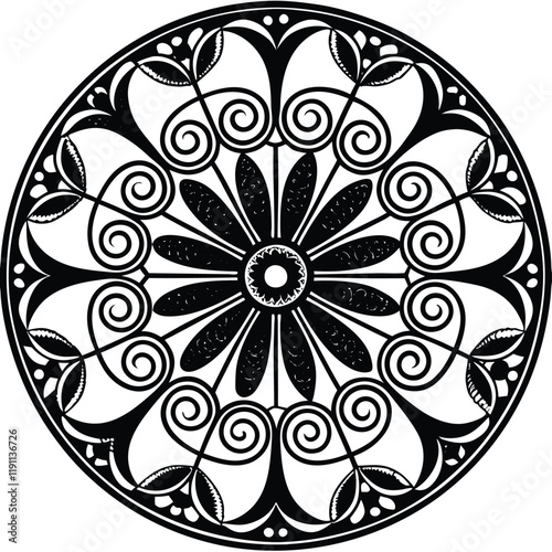 A vector illustration of a mandala silhouette with a white background. The mandala has a circular pattern with multiple layers of interlocking geometric shapes, including triangles, squares, and circl