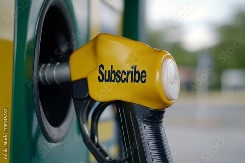 Fuel pump with unusual subscribe label highlights marketing strategy at gas station photo