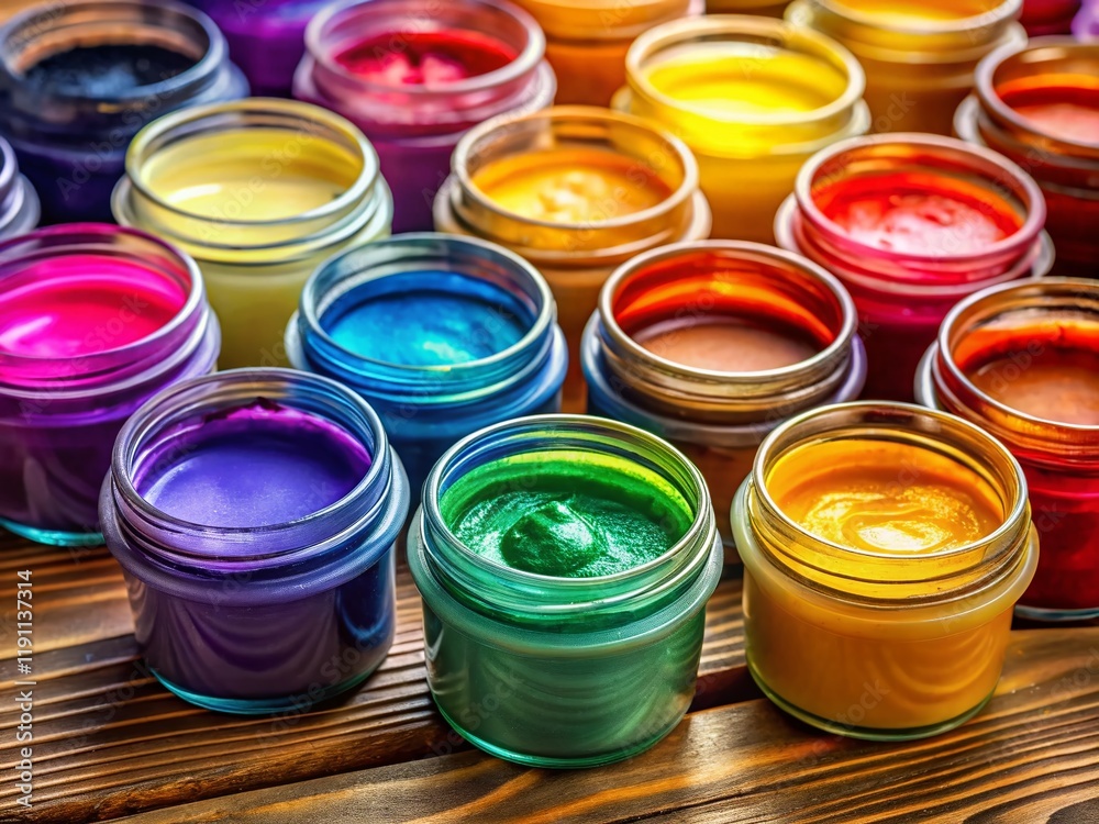 Vibrant Gouache Paint Jars Macro Photography on Rustic Wood Vibrant Gouache Paint Jars Macro Photography on Rustic Wood