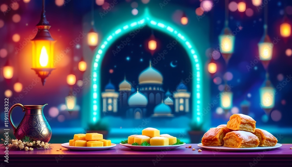Fototapeta premium Ramadan Sweets: Festive Treats and Mosque Night Scene