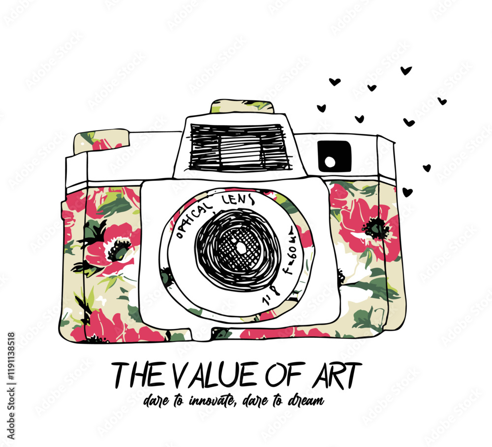 Estampa de camara fotografica con flores