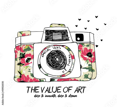Estampa de camara fotografica con flores