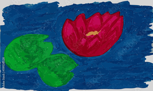 Lotos Blossom in a Pond with a sea rose leaf. Hand painted watercolor painting.
