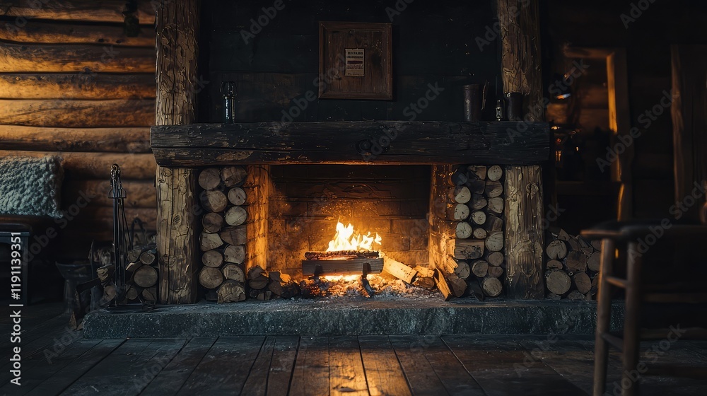 Cozy Log Cabin Fireplace with Warm Flames and Rustic Decor Cozy Log Cabin Fireplace with Warm Flames and Rustic Decor