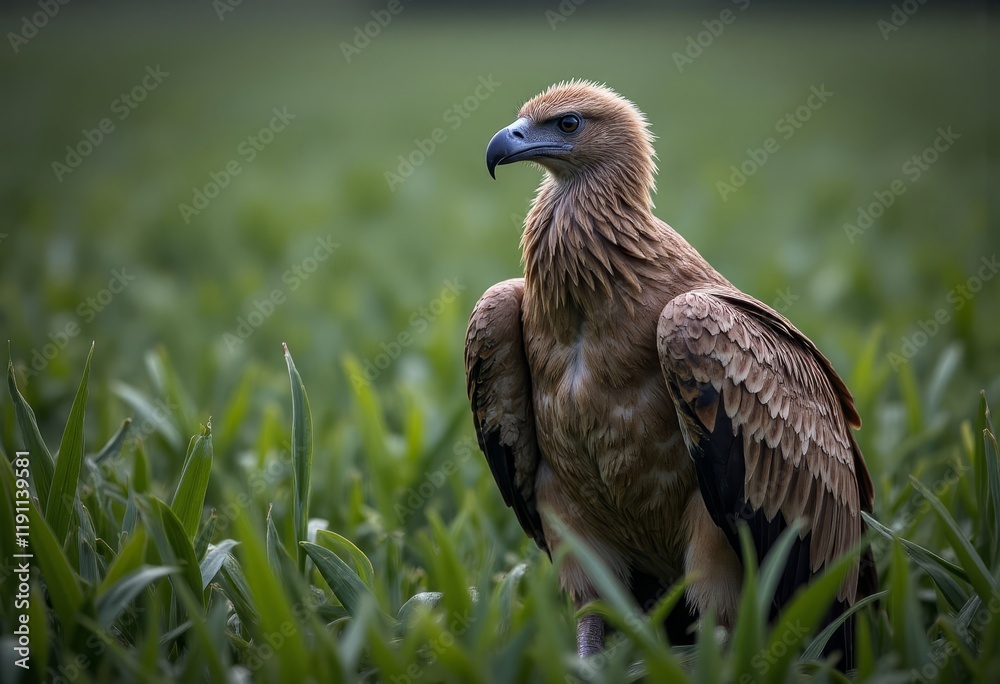 Brown feathered eagle standing in green grass field Brown feathered eagle standing in green grass field