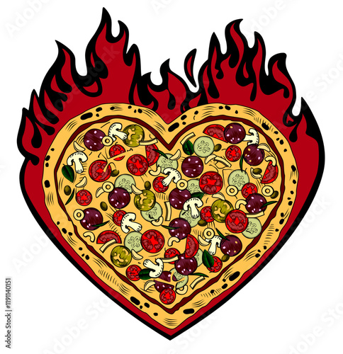 Vintage colorful engraved and line drawing of heart shaped pizza framed by fire isolated on white. Conceptual design of a restaurant menu. Vector 
illustration