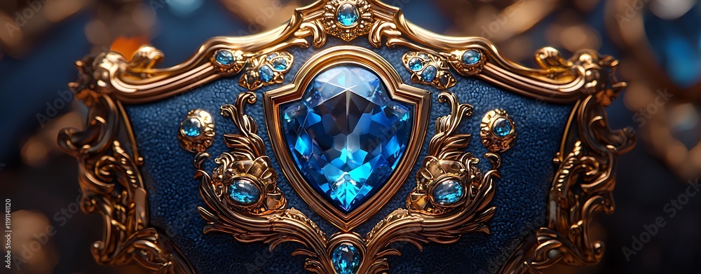 Gemstone Adorned Badge with Royal Blue and Gold Accents Under Warm Lighting, decorative gemstone badge concept. AI generated Gemstone Adorned Badge with Royal Blue and Gold Accents Under Warm Lighting, decorative gemstone badge concept. AI generated