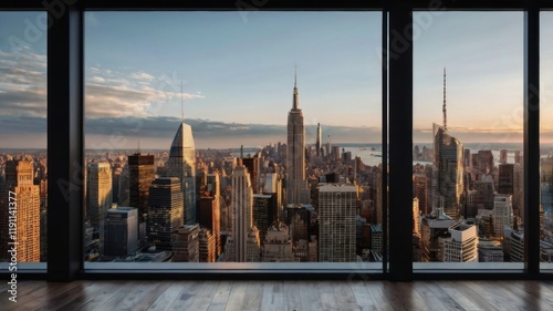Stunning Urban Living Room View with Modern Aesthetic, Showcasing Breathtaking City Skyline Through Expansive Floor-to-Ceiling Windows in a Cozy