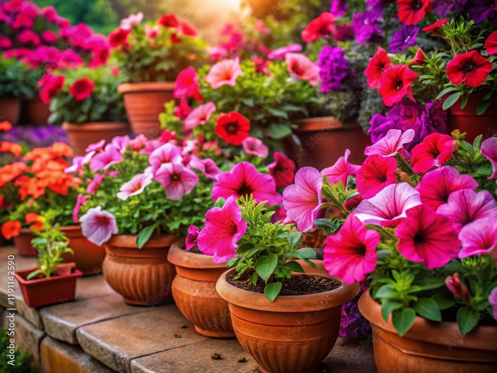 Obraz premium Vibrant Pink and Red Petunias in Garden Trays and Pots - Surreal Photography