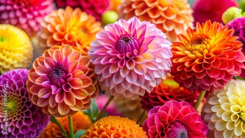 Vibrant Pompom Dahlia Bouquet Macro Photography - Colorful Fresh Cut Flowers Close Up