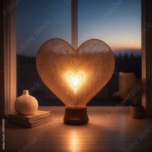 Generated image Warm heart-shaped lamp illuminating cozy room with flower decor on rustic wooden shelf 