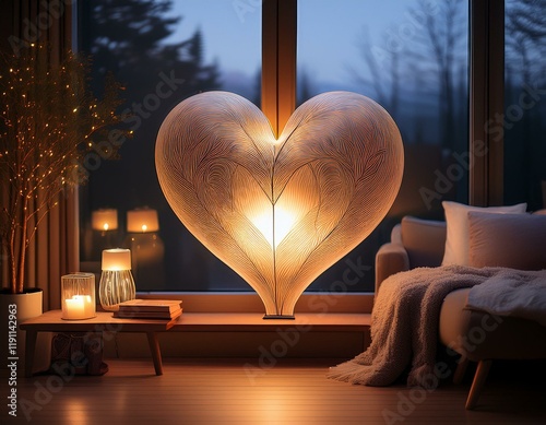 Generated image Warm heart-shaped lamp illuminating cozy room with flower decor on rustic wooden shelf 