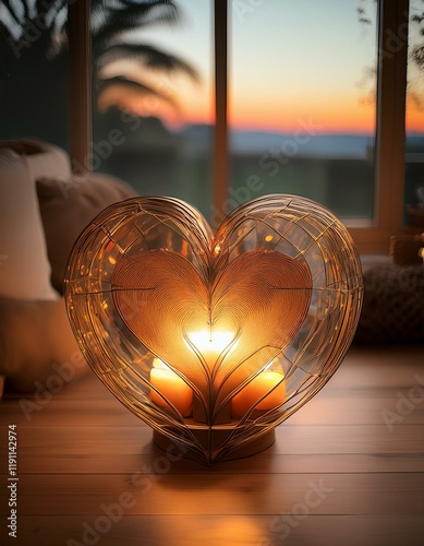 Generated image Warm heart-shaped lamp illuminating cozy room with flower decor on rustic wooden shelf 